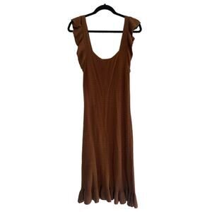 House of Harlow 1960 Sleeveless Sweater Dress –Brown Knit Midi with Ruffle Strap